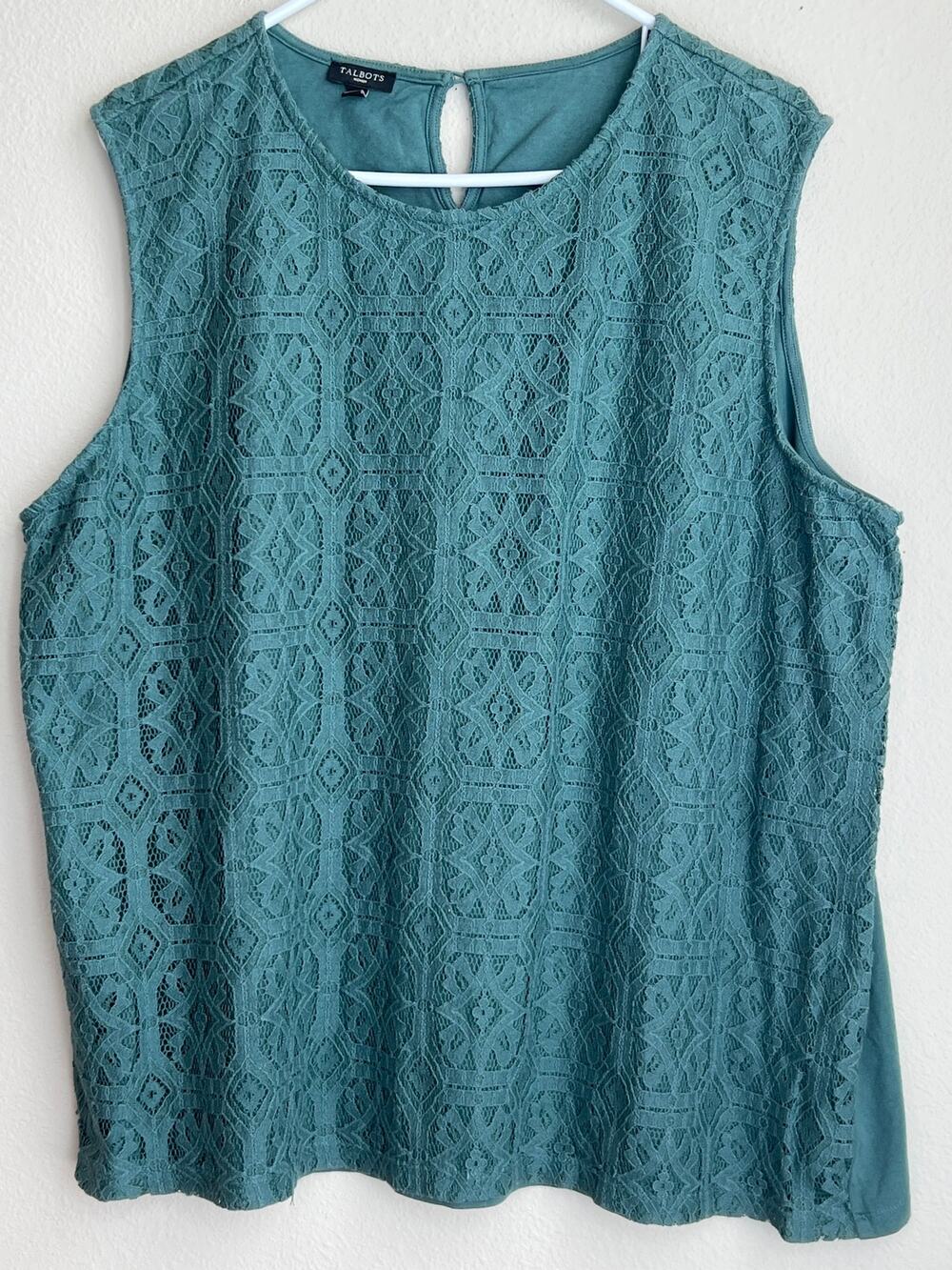 Talbots Sage Green Crochet Geometric Lace Overlay Sleeveless Top Plus Size 3X